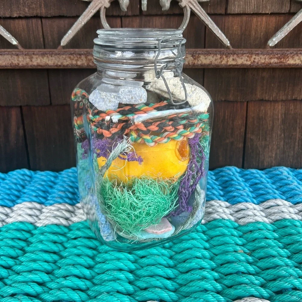 Vintage Glass Jar with Montauk Beach Finds. Sun bleached Buoys, Sea Rope etc